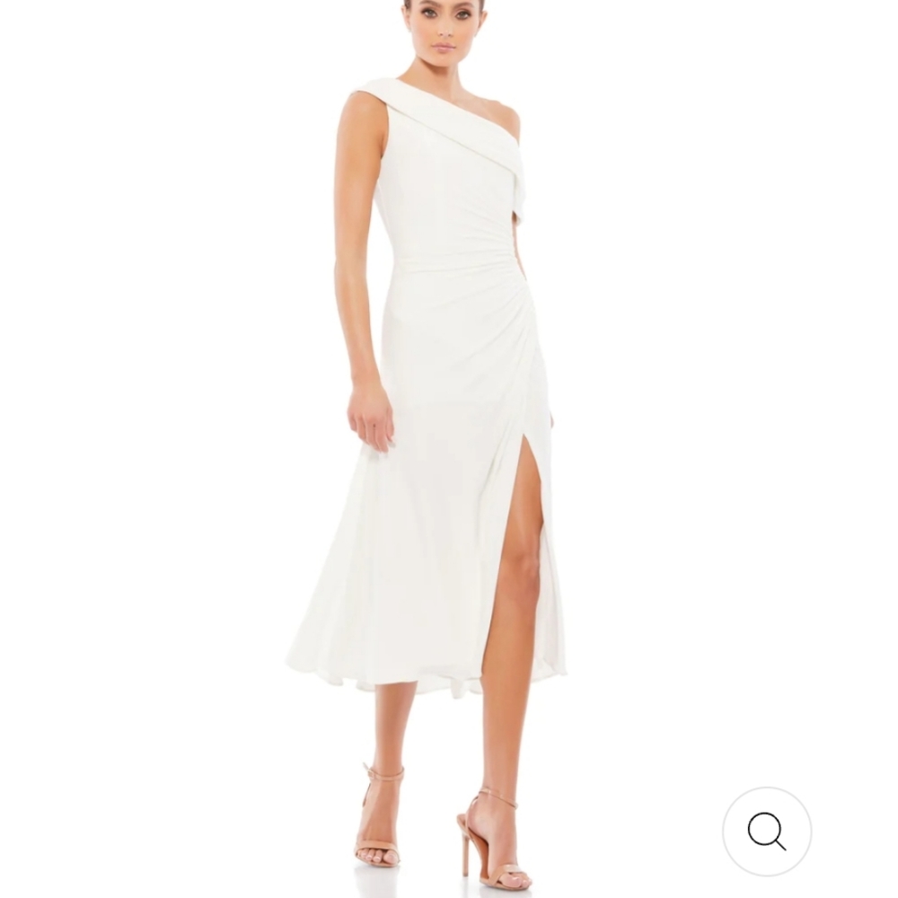 NWT Mac Duggal Duched Off the Shoulder Midi Dress in White